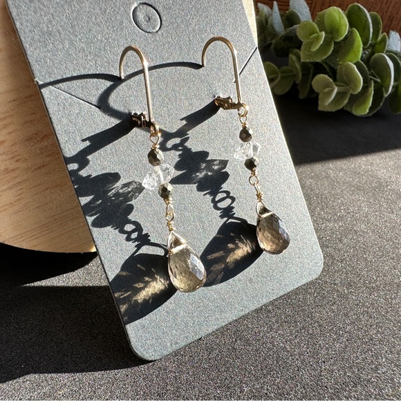 Herkimer Diamond and Smoky Quartz Earrings 14k Gold Lever back - Picture 6 of 11